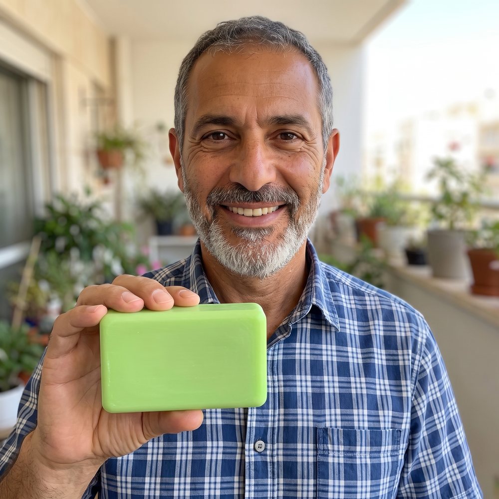 גבר מחייך בחולצה משובצת מחזיק את הסבון הירוק