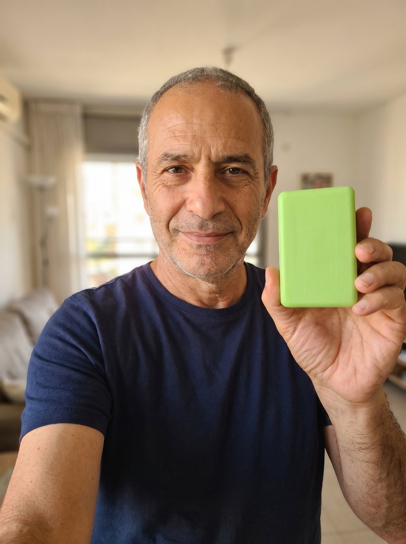 גבר בן 60 פלוס מחזיק את הסבון הירוק בסלון