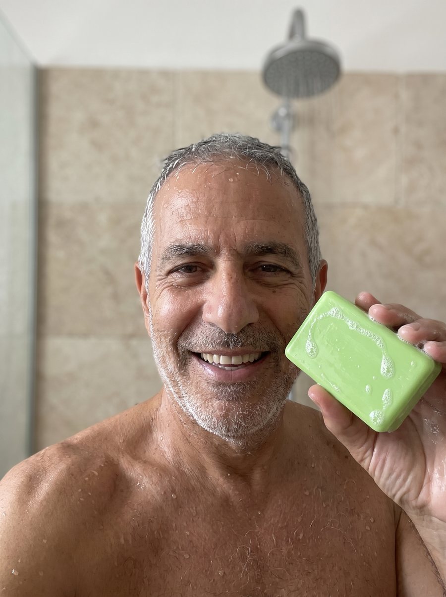 גבר בן 60 פלוס מחזיק את הסבון הירוק במקלחת