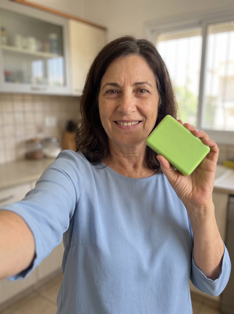 אישה בת 60 פלוס מחזיקה את הסבון הירוק במטבח